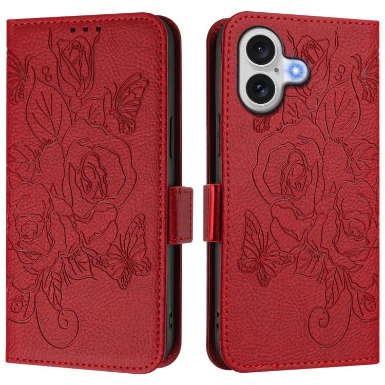 For iPhone 17 Embossed Rose RFID Anti-theft Leather Phone Case(Red)