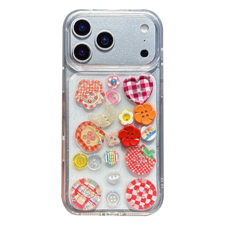 For iPhone 17 Epoxy Resin 3D Pattern Acrylic Transparent Phone Case(Strawberry Buttons)