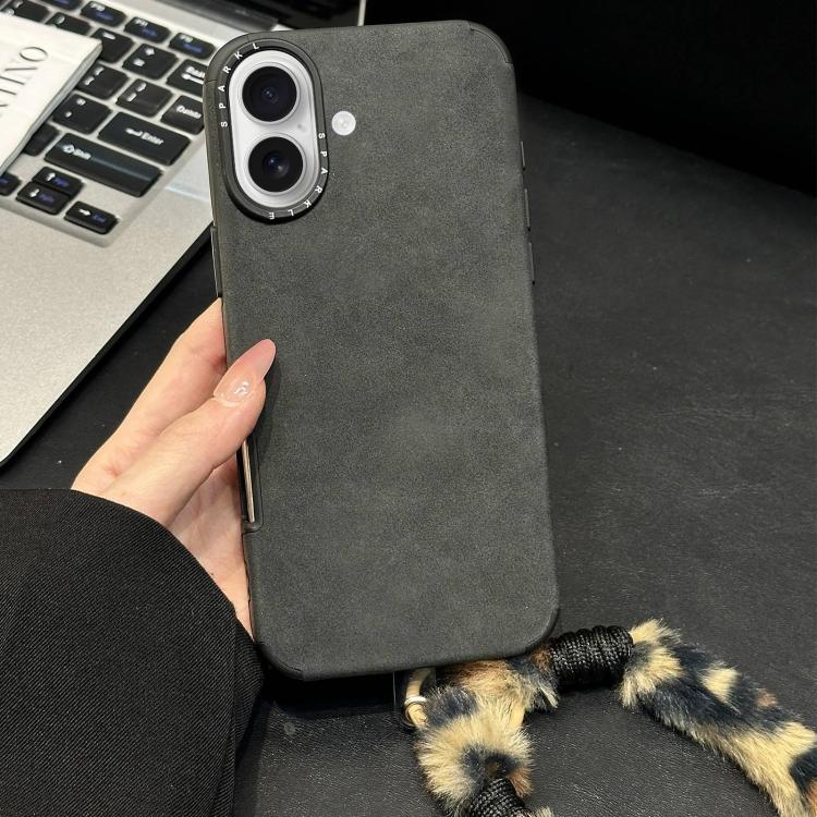 For iPhone 17 Faux Suede Fabric TPU Phone Case with Screen-printed Rabbit Plush Rope(Black)