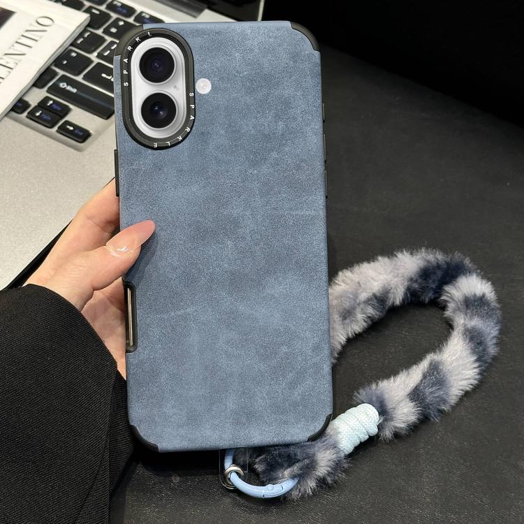 For iPhone 17 Faux Suede Fabric TPU Phone Case with Screen-printed Rabbit Plush Rope(Blue)