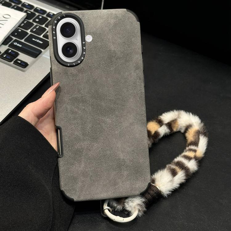 For iPhone 17 Faux Suede Fabric TPU Phone Case with Screen-printed Rabbit Plush Rope(Grey)