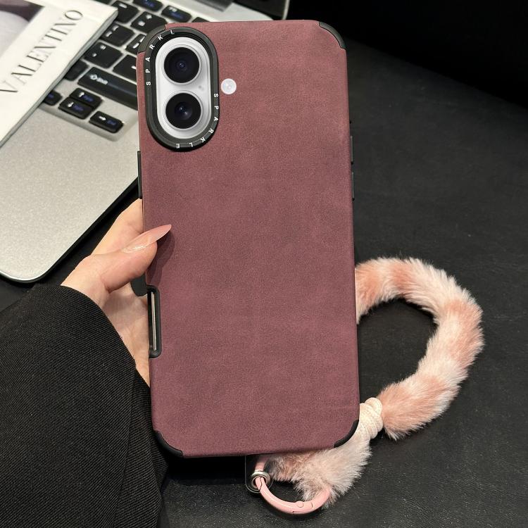 For iPhone 17 Faux Suede Fabric TPU Phone Case with Screen-printed Rabbit Plush Rope(Red)