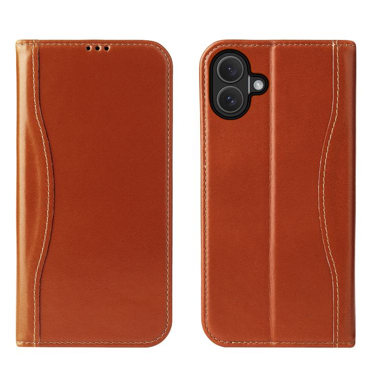 For iPhone 17 Fierre Shann Cowhide Leather Flip Leather Phone Case(Brown)