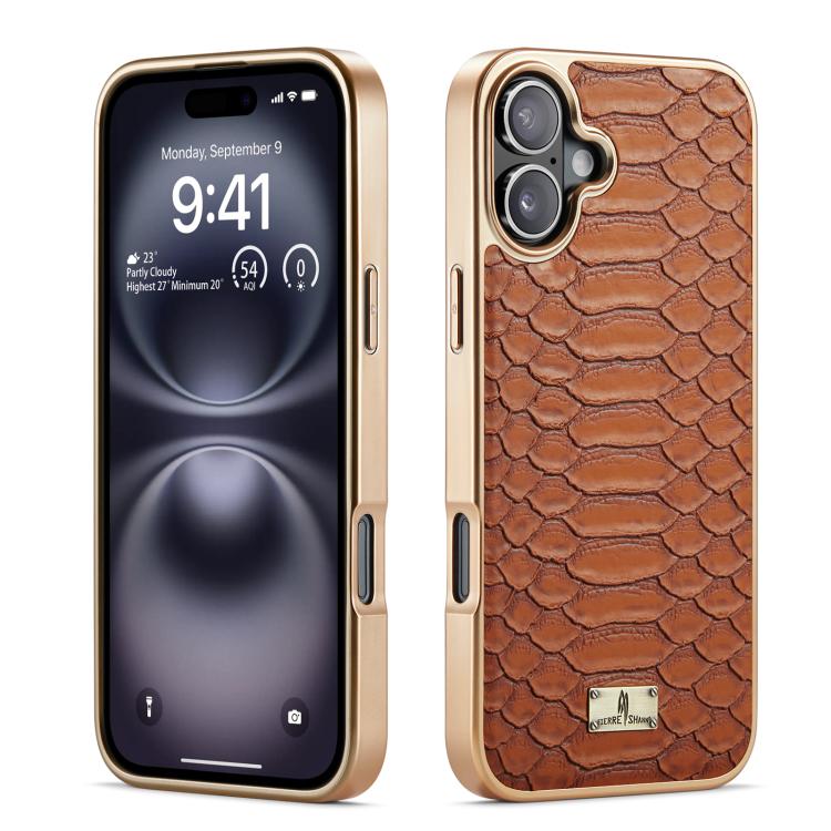 For iPhone 17 Fierre Shann Python Texture Electroplating PU Phone Case(Brown)