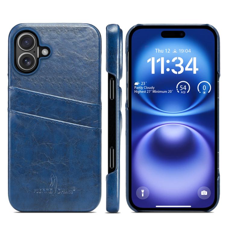 For iPhone 17 Fierre Shann Retro Oil Wax Texture Card Slots PU Leather Phone Case(Blue)