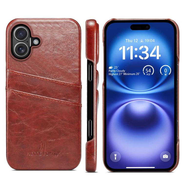 For iPhone 17 Fierre Shann Retro Oil Wax Texture Card Slots PU Leather Phone Case(Brown)