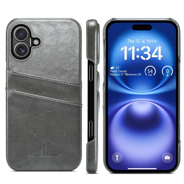 For iPhone 17 Fierre Shann Retro Oil Wax Texture Card Slots PU Leather Phone Case(Grey)
