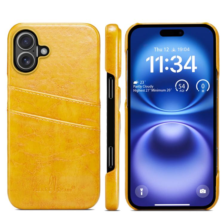 For iPhone 17 Fierre Shann Retro Oil Wax Texture Card Slots PU Leather Phone Case(Yellow)