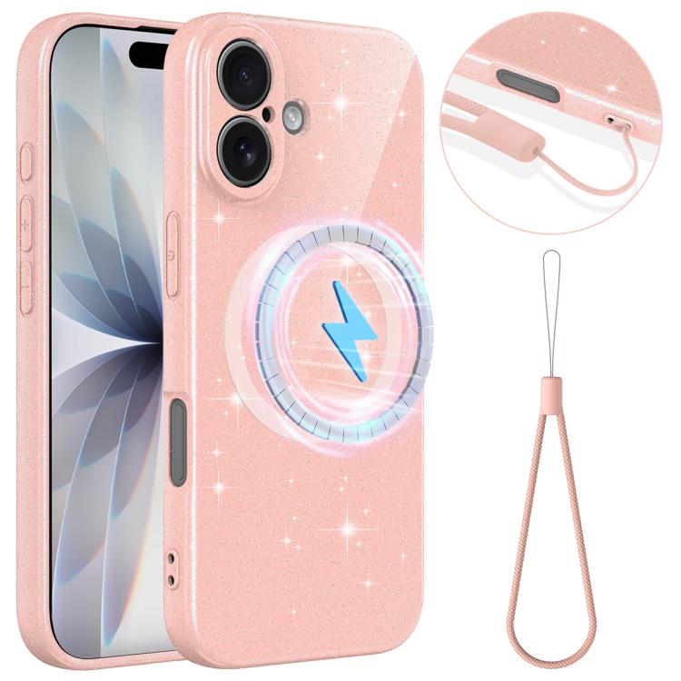 For iPhone 17 Fine Hole Glossy Glitter Magnetic TPU Phone Case with Same Color Hand Strap(Pink)