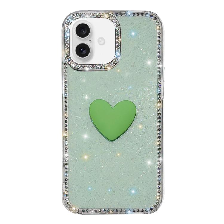 For iPhone 17 Flash Rhinestone Double-sided IMD Love Heart Phone Case(Glitter Green)