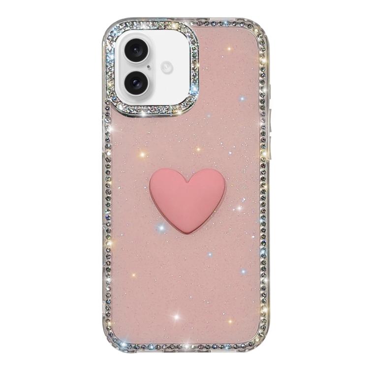 For iPhone 17 Flash Rhinestone Double-sided IMD Love Heart Phone Case(Glitter Pink)