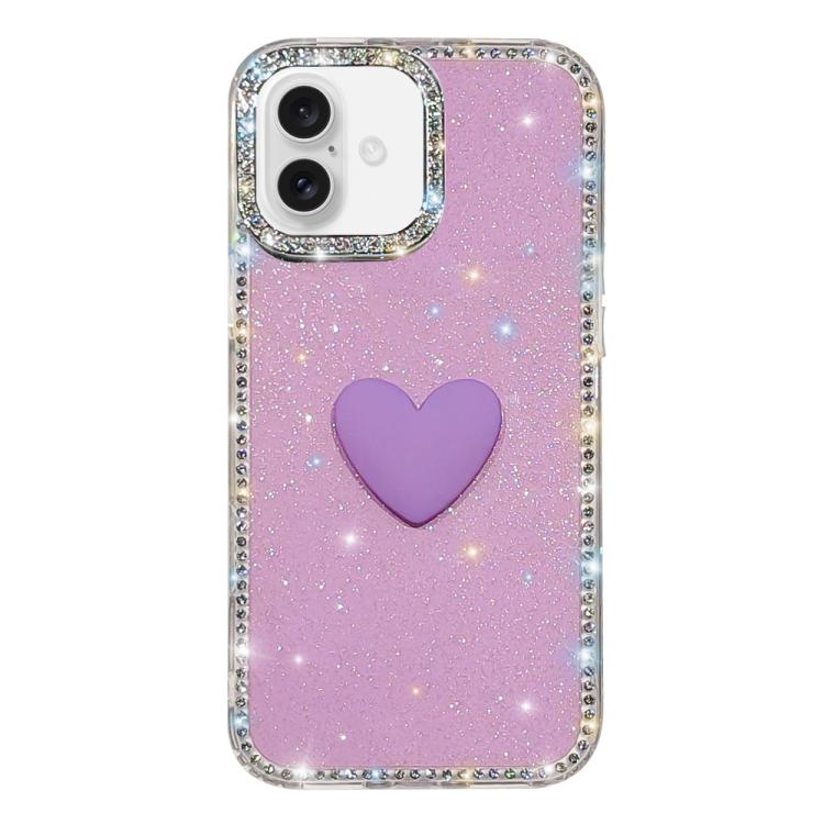For iPhone 17 Flash Rhinestone Double-sided IMD Love Heart Phone Case(Glitter Purple)
