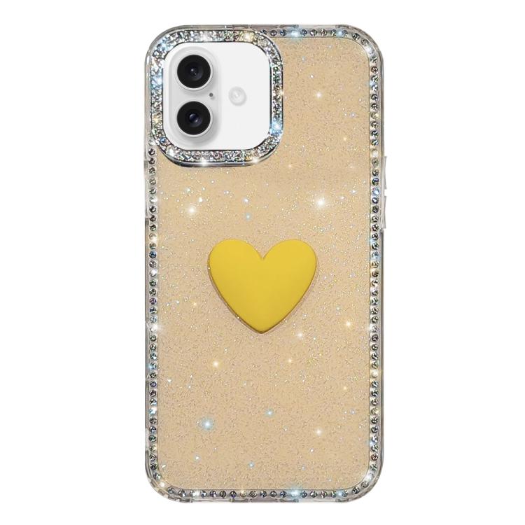 For iPhone 17 Flash Rhinestone Double-sided IMD Love Heart Phone Case(Glitter Yellow)