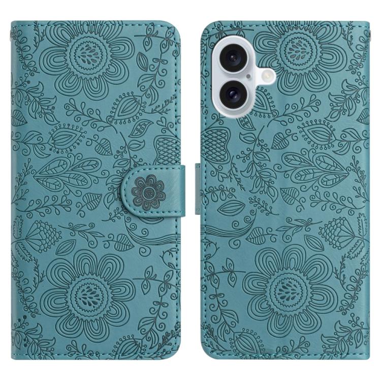 For iPhone 17 Floral Embossed Pattern Leather Phone Case(Dark Green)