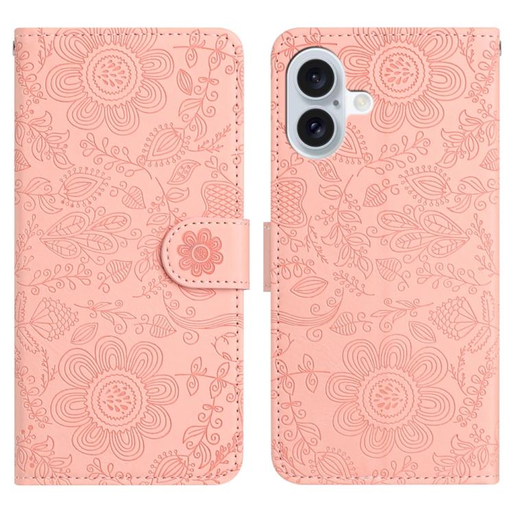 For iPhone 17 Floral Embossed Pattern Leather Phone Case(Pink)
