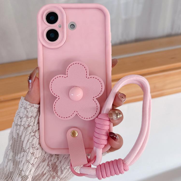 For iPhone 17 Floral Holder TPU Phone Case with PU Buckle Lanyard(Pink)