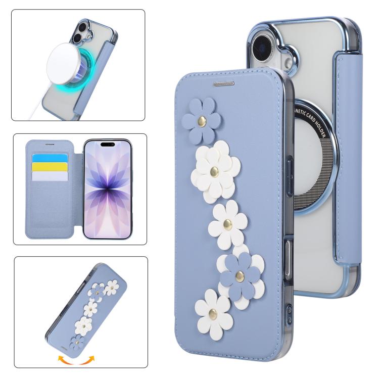 For iPhone 17 Floral Magnetic Electroplated Card Holder Vegan Leather Phone Case(Sierra Blue)