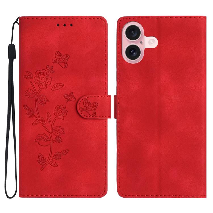 For iPhone 17 Flower Butterfly Embossing Pattern Leather Phone Case(Red)