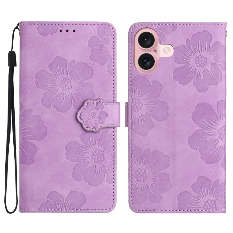 For iPhone 17 Flower Embossing Pattern Leather Phone Case(Purple)