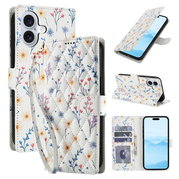 For iPhone 17 Flower Pattern Buckle Leather Phone Case with Lanyard(Blue Flowers)