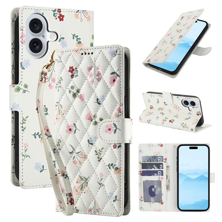 For iPhone 17 Flower Pattern Buckle Leather Phone Case with Lanyard(Pink Flowers)