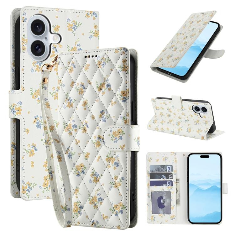 For iPhone 17 Flower Pattern Buckle Leather Phone Case with Lanyard(Yellow Flowers)