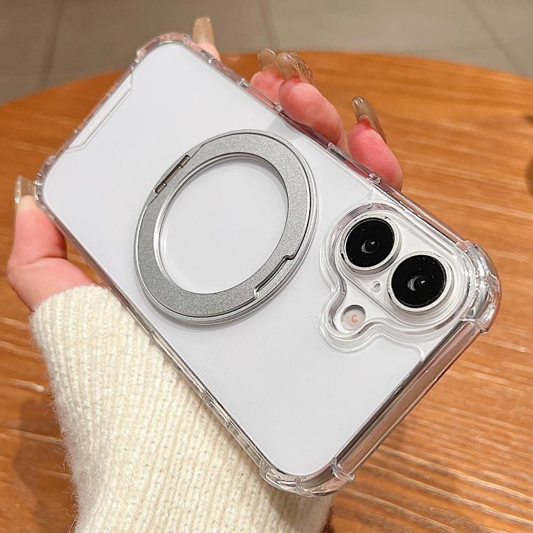 For iPhone 17 Four Corner Shockproof Space Magnetic Phone Case with 360 Degrees Rotating Holder(Transparent)