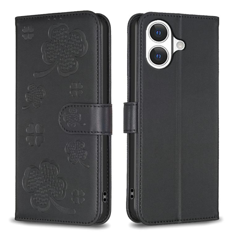 For iPhone 17 Four-leaf Embossed Leather Phone Case(Black)