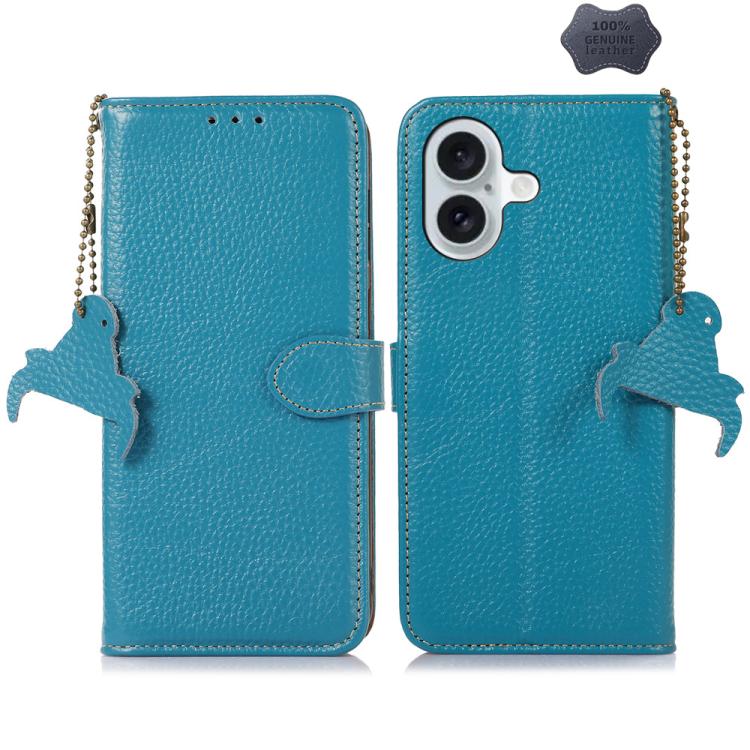 For iPhone 17 Genuine Leather Litchi Texture RFID Leather Phone Case(Blue)