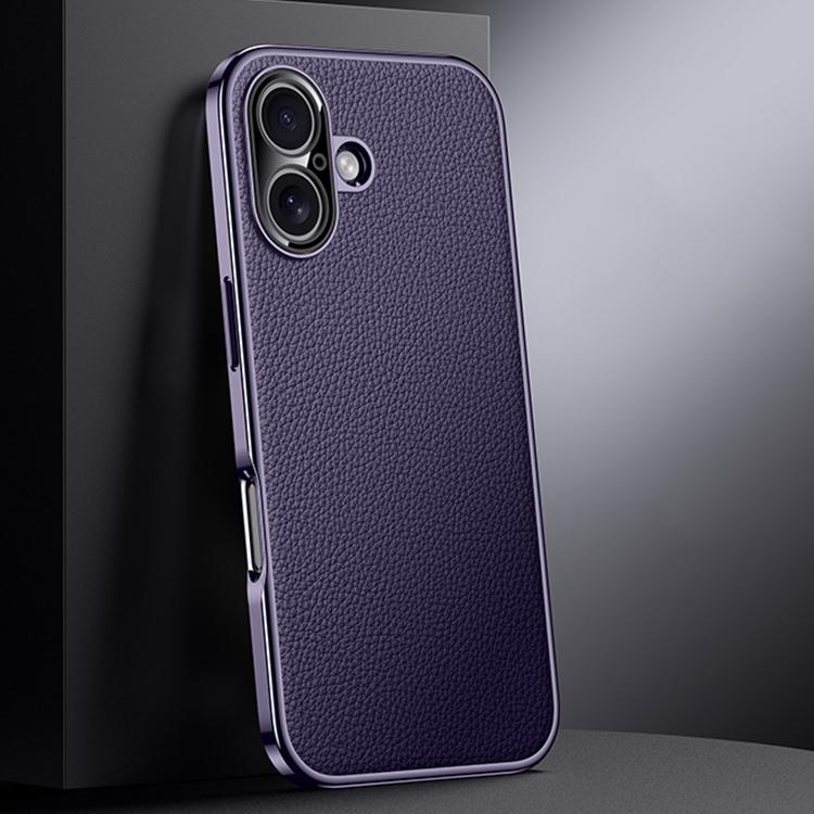 For iPhone 17 Genuine Leather PC Phone Case(Dark Purple)
