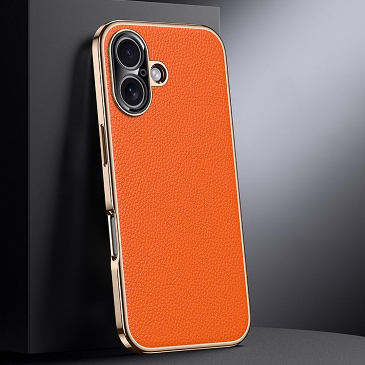 For iPhone 17 Genuine Leather PC Phone Case(Orange)
