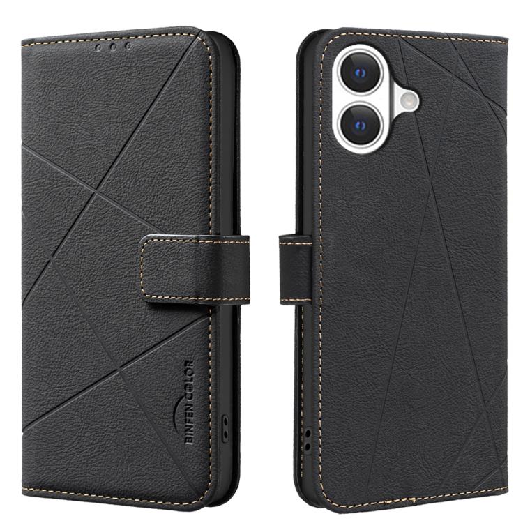 For iPhone 17 Geometric Pattern RFID Leather Phone Case(Black)