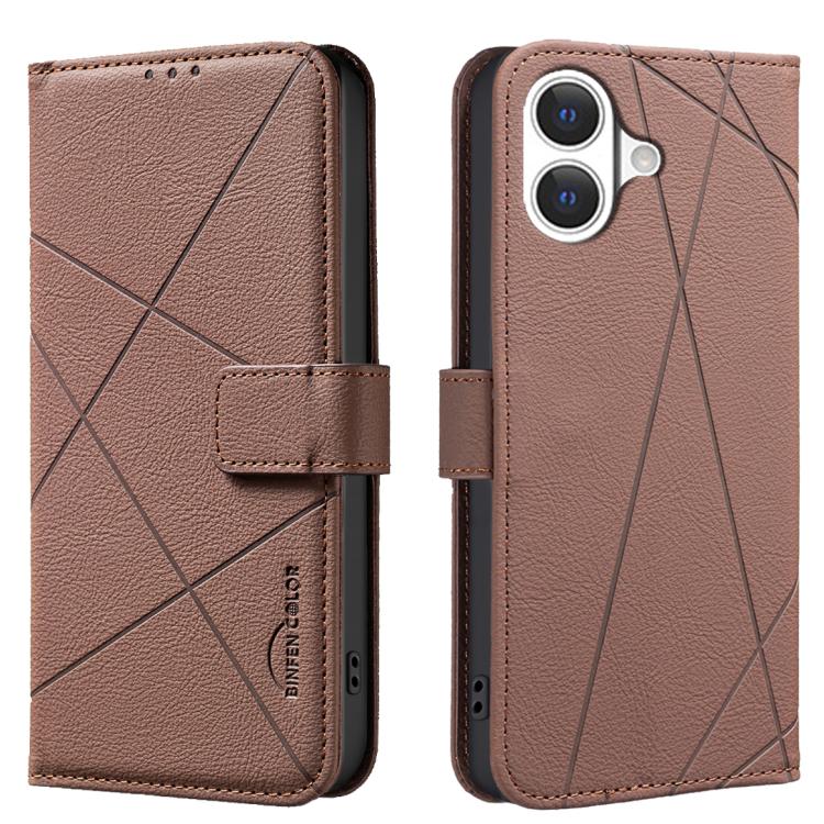 For iPhone 17 Geometric Pattern RFID Leather Phone Case(Brown)
