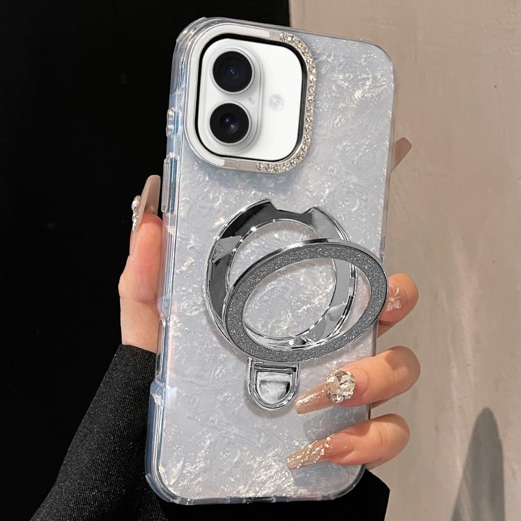 For iPhone 17 Gilded Colorful Shell Patterned TPU+IMD Phone Case with Glitter Magnetic Holder(Light Blue)