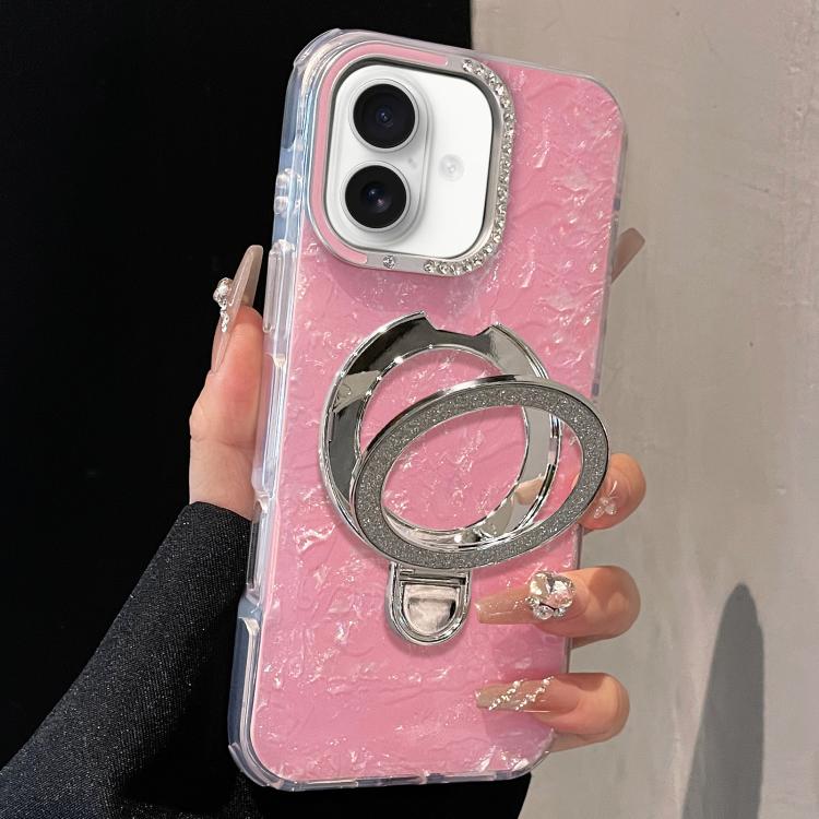 For iPhone 17 Gilded Colorful Shell Patterned TPU+IMD Phone Case with Glitter Magnetic Holder(Pink)