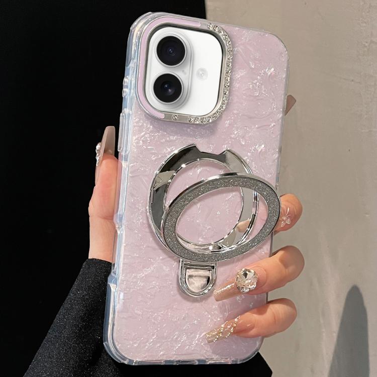 For iPhone 17 Gilded Colorful Shell Patterned TPU+IMD Phone Case with Glitter Magnetic Holder(Purple)