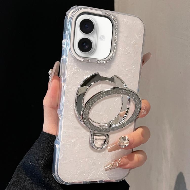For iPhone 17 Gilded Colorful Shell Patterned TPU+IMD Phone Case with Glitter Magnetic Holder(White)