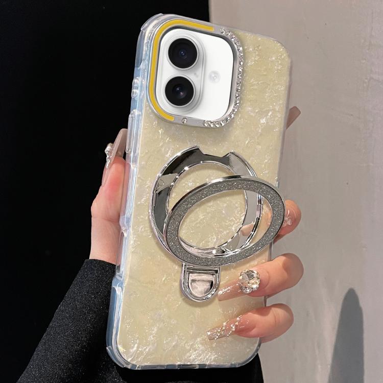 For iPhone 17 Gilded Colorful Shell Patterned TPU+IMD Phone Case with Glitter Magnetic Holder(Yellow)