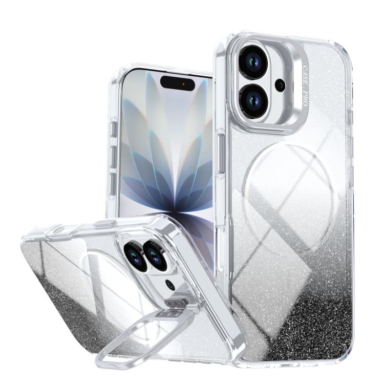 For iPhone 17 Glitter Gradient Magnetic Lens Frame Holder Phone Case(Black)