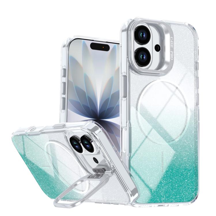 For iPhone 17 Glitter Gradient Magnetic Lens Frame Holder Phone Case(Lake Green)