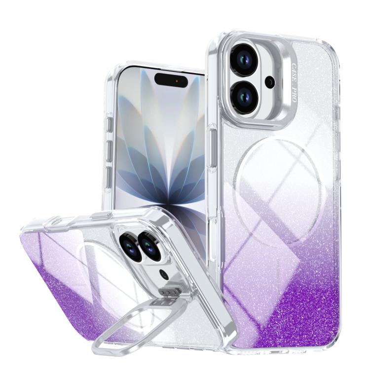 For iPhone 17 Glitter Gradient Magnetic Lens Frame Holder Phone Case(Purple)