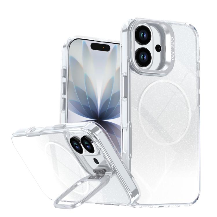 For iPhone 17 Glitter Gradient Magnetic Lens Frame Holder Phone Case(White)