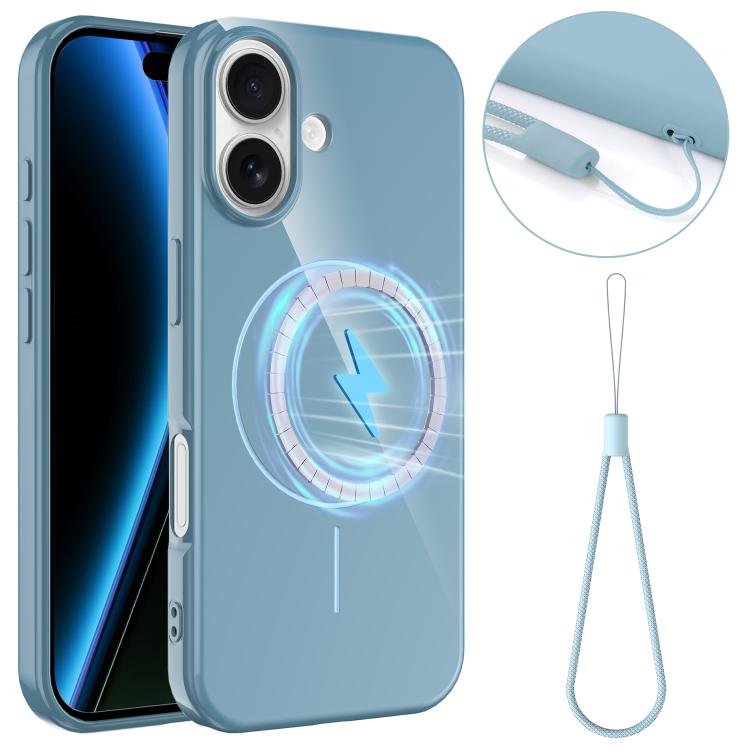 For iPhone 17 Glossy TPU Shockproof MagSafe Phone Case with Lanyard(Blue)