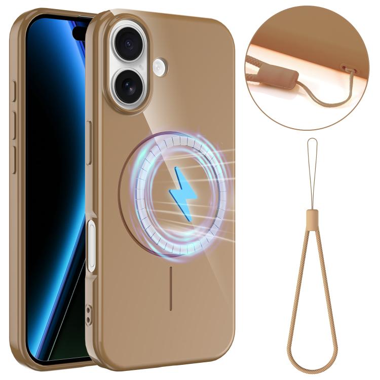 For iPhone 17 Glossy TPU Shockproof MagSafe Phone Case with Lanyard(Gold)