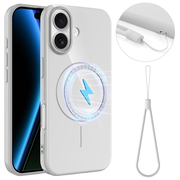 For iPhone 17 Glossy TPU Shockproof MagSafe Phone Case with Lanyard(White)