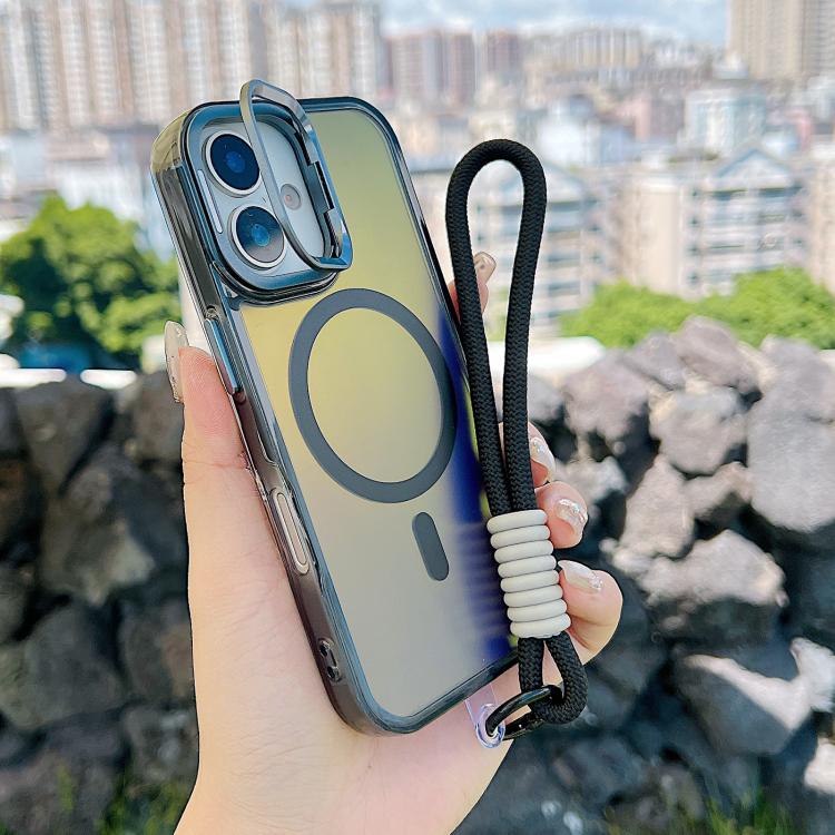 For iPhone 17 Gradient Discolor MagSafe Phone Case with Holder / Wrist Strap(Black)