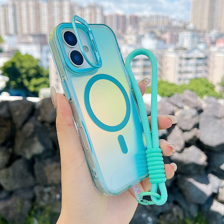 For iPhone 17 Gradient Discolor MagSafe Phone Case with Holder / Wrist Strap(Blue)