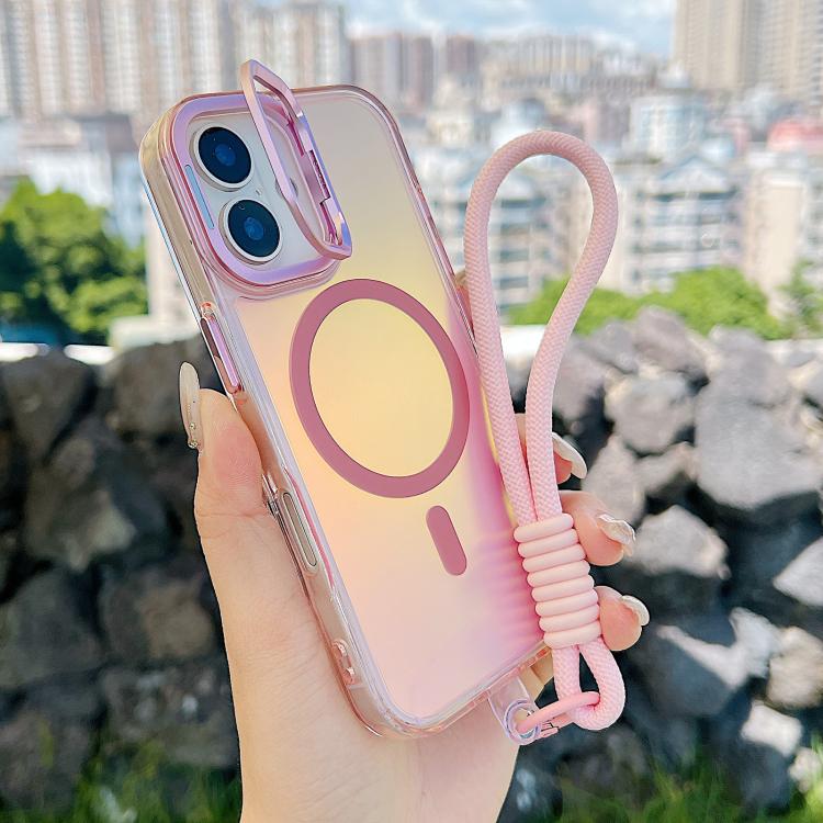 For iPhone 17 Gradient Discolor MagSafe Phone Case with Holder / Wrist Strap(Pink)