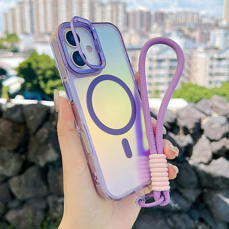 For iPhone 17 Gradient Discolor MagSafe Phone Case with Holder / Wrist Strap(Purple)