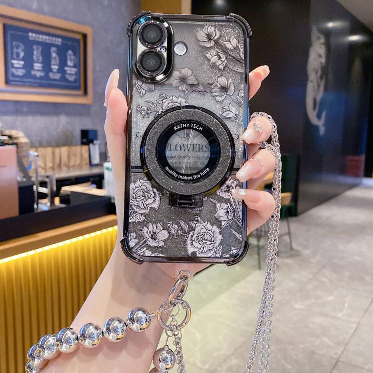 For iPhone 17 Gradient Glitter Flowers Electroplated Phone Case with Beaded Strap and Long Chain(Black)